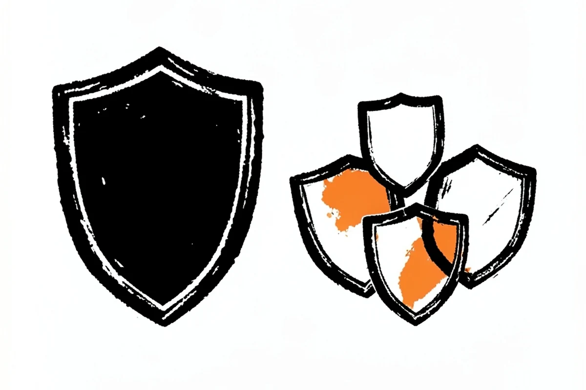 A single solid shield icon next to several smaller interlinked shield icons, representing concentrated versus distributed trust