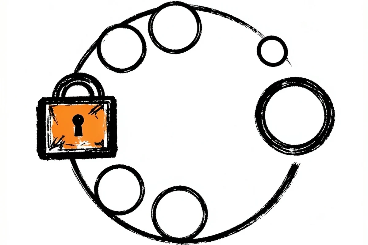 A circular diagram showing plain coin-shaped circles flowing into a locked vault icon on one side, and a single plain circular token shape being issued on the other side, representing a mint and redeem cycle