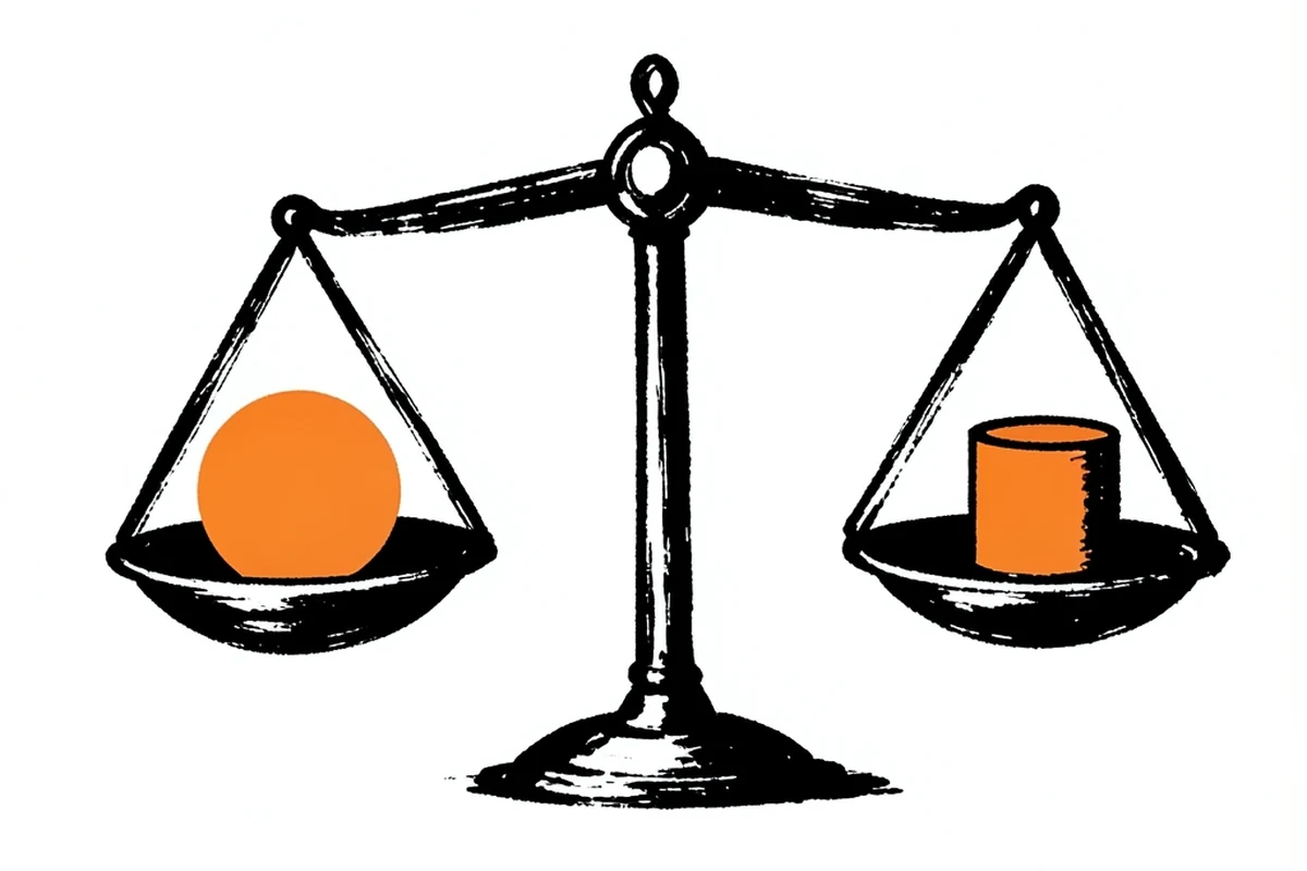 A balance scale with a coin on one side and a token on the other, level with each other, representing a 1:1 peg