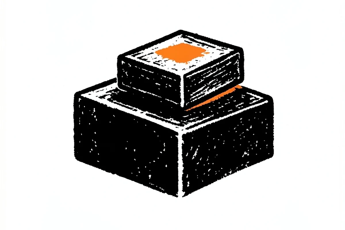A single solid block versus a block with a smaller connected layer on top of it, representing a base asset compared to a wrapped asset with an added dependency
