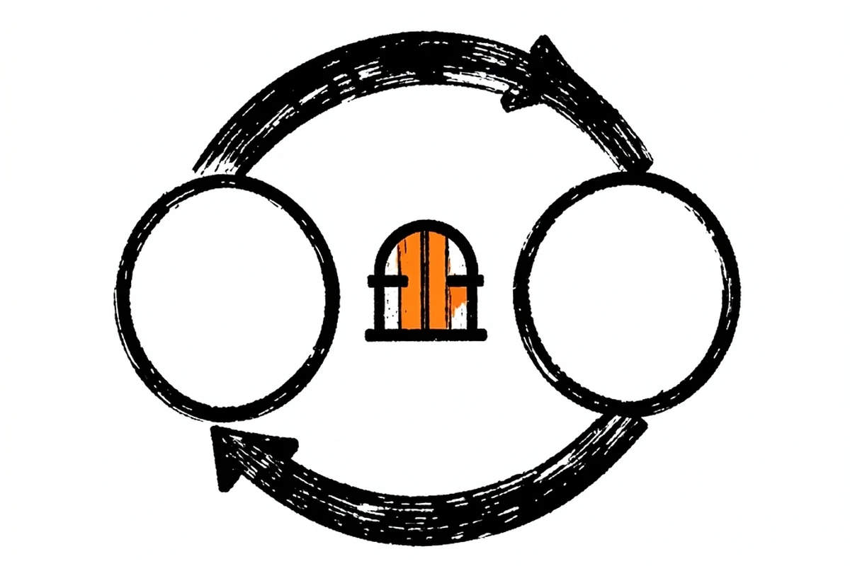 A circular arrow loop connecting a plain circular token shape back to a plain circular coin shape, passing through a small vault icon in the middle, representing a redemption process